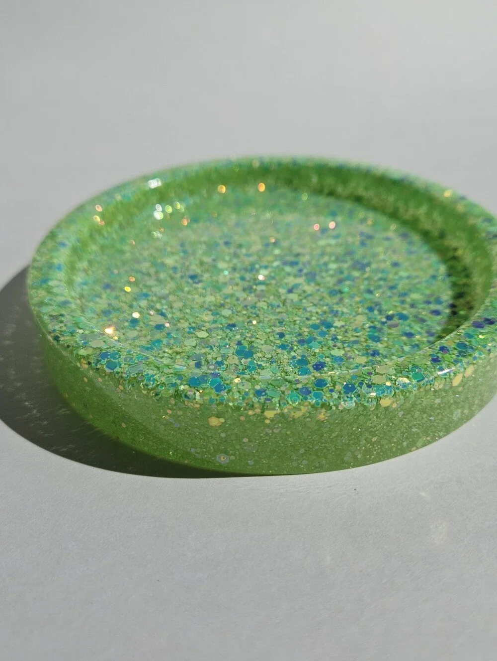 Handmade Neon Green Glitter Round Jewelry Trinket Tray Home Decor Rave Girly